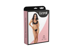 Black lace lingerie set with intricate floral pattern and matching thong
