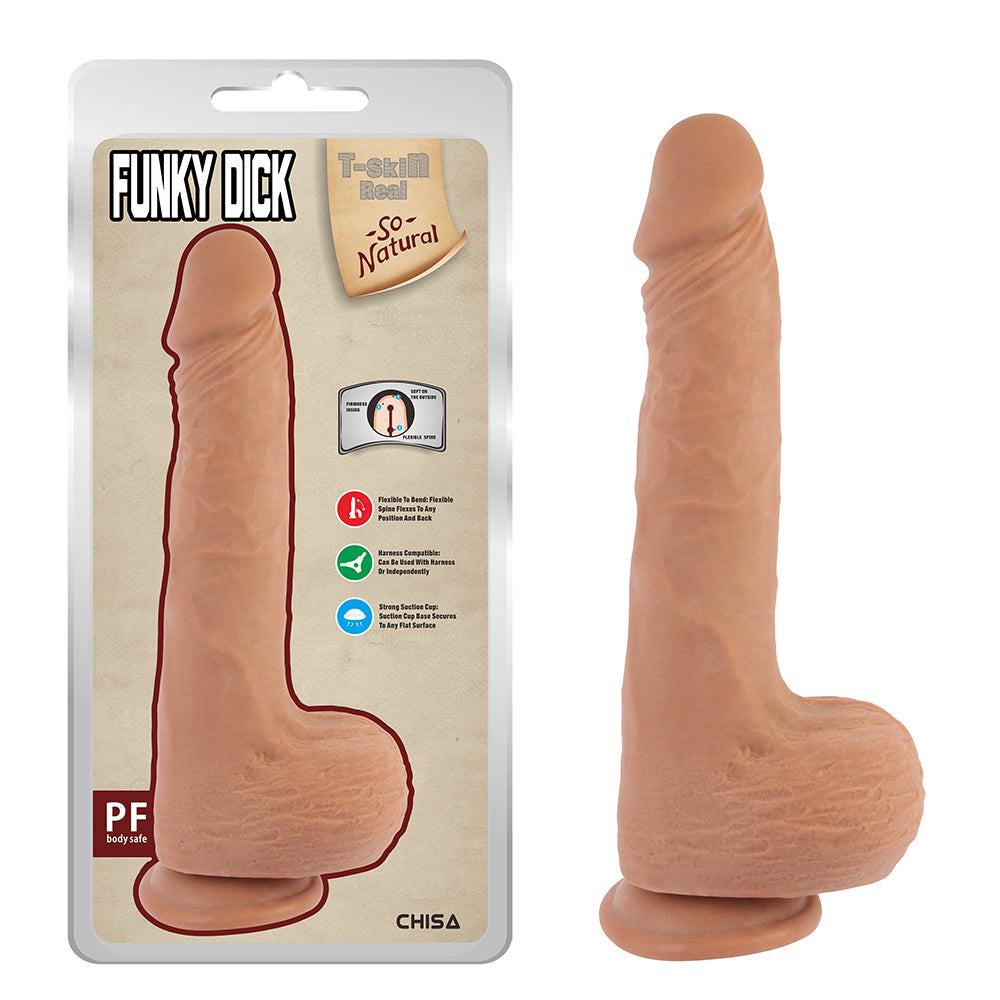 Dildo Funky Dick Flesh de 255 cm de largo insertable, fabricado en silicona suave y flexible con vértebra interior, base con ventosa para adherirse a superficies planas