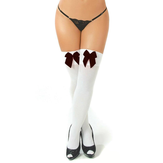 White classic garter stockings with black bow, perfect for elegant occasions