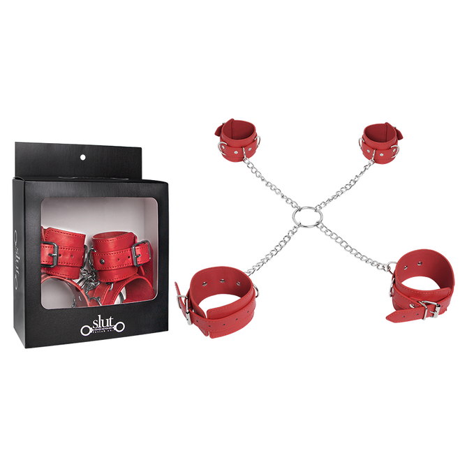 Alt text: Set de esposas de pie y manos rojas para juegos de bondage, con envío gratuito incluido