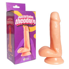Close up of realistic silicone dildo Theodore with textured veins and suction cup base for hands-free use