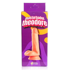 Woman holding the dildo Theodore against a black background, showing its flexibility and lifelike features