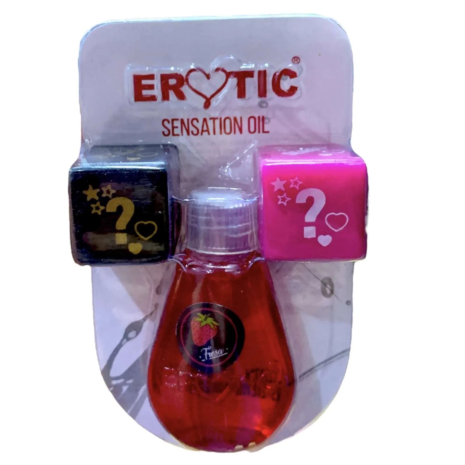 Glass bottle of Aceite Erotic massage oil with sensual dice for couples
