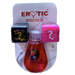 Glass bottle of Aceite Erotic massage oil with sensual dice for couples