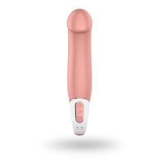 The Satisfyer Master Vibes Piel vibrator in its elegant packaging with a clear view of the product