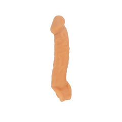 Latex penis sleeve cover in black, with ribbed texture and stretchy material for enhanced sensation and pleasure during intimate activities