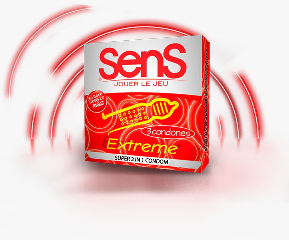 Three pack of Sens Extreme condoms, offering maximum sensation and protection