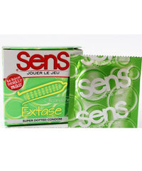 Close-up of Sens Extase condom with textured surface for extra sensation and pleasure, 3 condoms in a pack