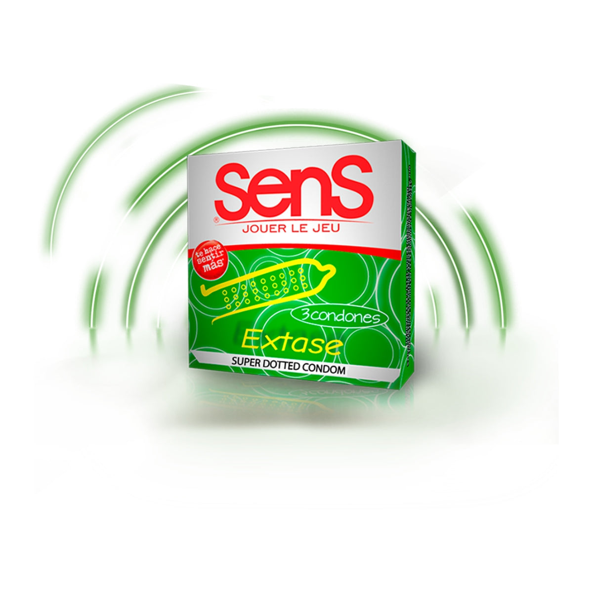 Three-pack of Condones Sens Extase condoms, designed to enhance pleasure and excitement during intimacy