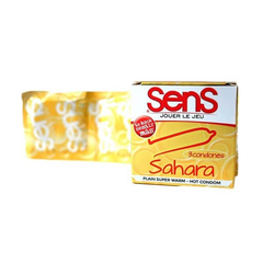 Three-pack of Sens Sahara condoms designed to provide enhanced pleasure and protection during intimate moments