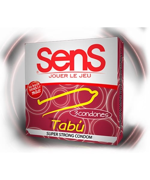 Three pack of Sens Tabú condoms in a colorful and eye-catching packaging, perfect for safe and enjoyable intimacy