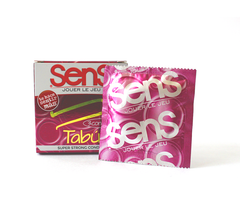 Close-up of three Sens Tabú condoms, highlighting the brand name and product details for safe and pleasurable experiences