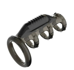 A black silicone vibrating ring with textured surface for added stimulation