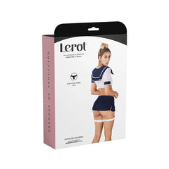 Young girl happily posing in a Lerot Sailor Costume with a sailor hat, navy blue dress, and red scarf detail