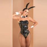 Alt text: Sexy black Neo Play Mate Bunny Costume for women, perfect for Halloween or themed parties