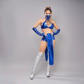 Disfraz Kitana costume for women with blue and gold details, perfect for cosplay and Halloween outfits