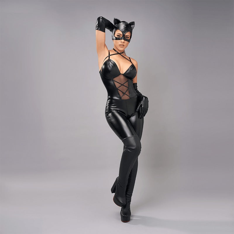 Sexy black catwoman costume with mask and gloves for Halloween