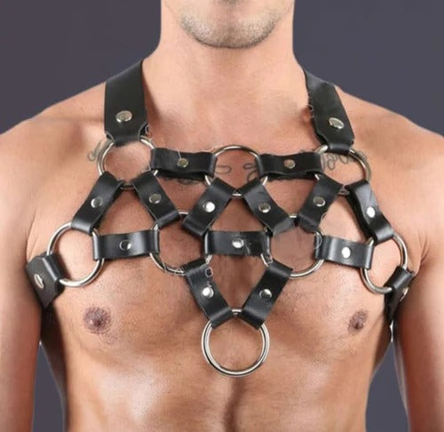 Black leather men's chest harness with 8 metal rings for fashion and bondage activities
