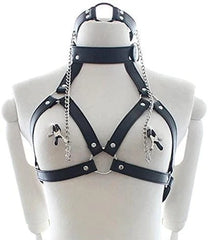 Black chest harness with nipple pasties, perfect for a bold and sexy look