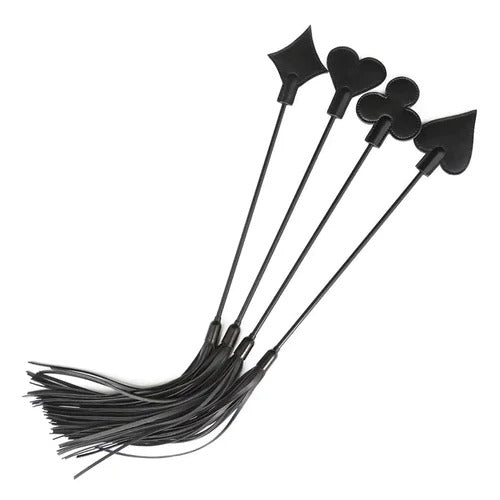 Black leather flogger with red handle, ideal for BDSM and kinky play