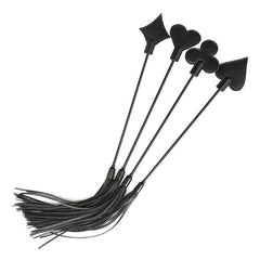 Black leather flogger with red handle, ideal for BDSM and kinky play
