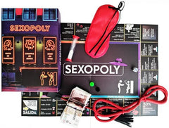Juego Sexopoly board game featuring dice, cards, and game pieces for adults
