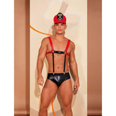 Smiling child wearing a firefighter costume with a red jacket, yellow stripes, and firefighter hat holding a toy axe