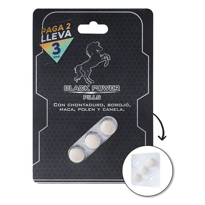 Three black power pills, two purchased and one free, stacked on white background