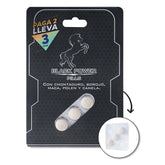 Three black power pills, two purchased and one free, stacked on white background