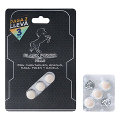 Two black pills with the label Pastillas Black Power para Vitalidad Masculina on a white background, symbolizing male vitality and energy
