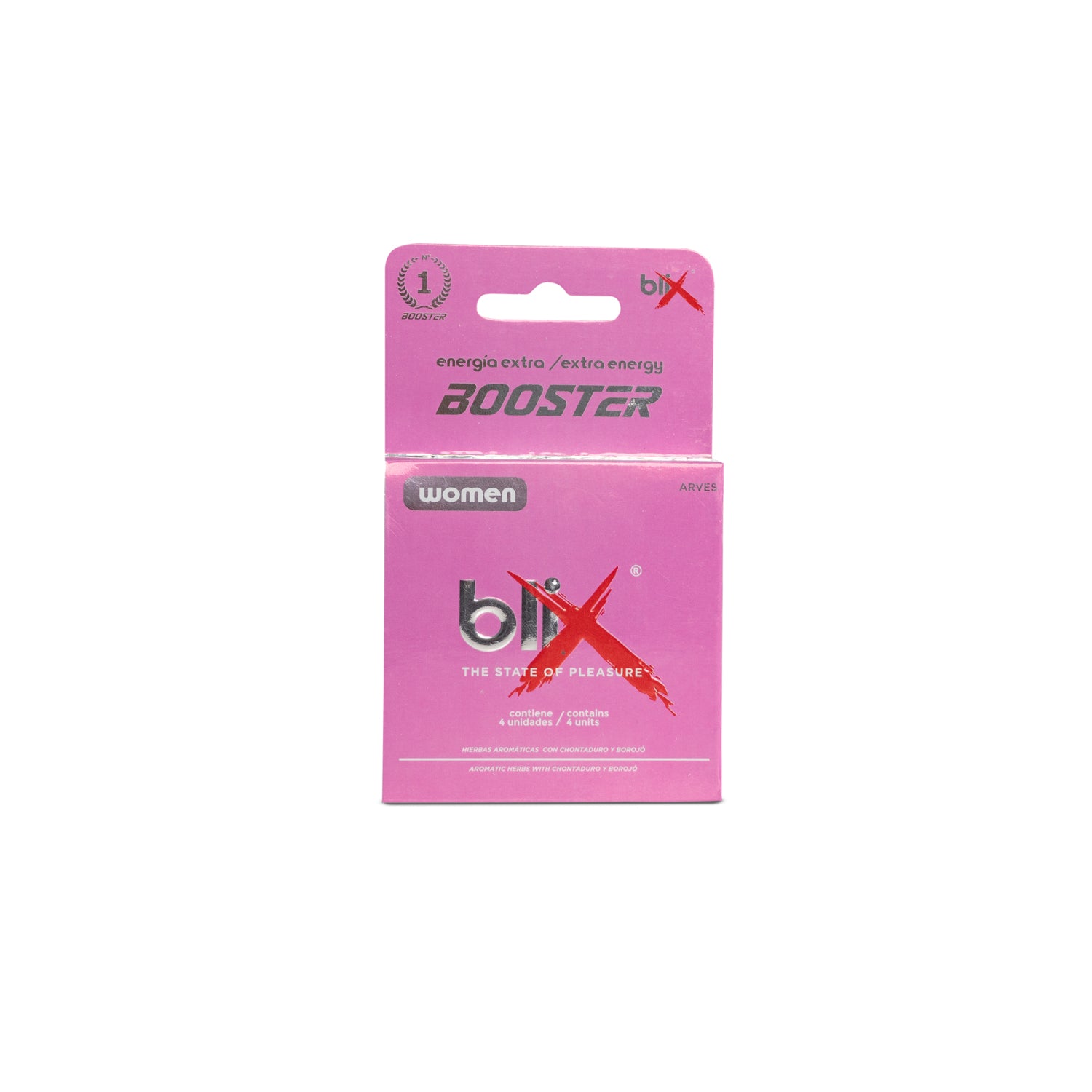 Pink and white bottle of Pastillas Blix Booster Mujer, a women's health supplement with natural ingredients for energy and vitality