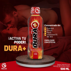 Close-up of Potenciador Sexual Masculino Dura + 550 ml packaging with 100% satisfaction guarantee