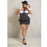 Men's costume of a street gangster with pinstripe suit, fedora hat, and fake machine gun