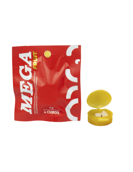 Mega Fruit x4 Pastillas - Four colorful fruit-flavored chewable tablets in a blister pack