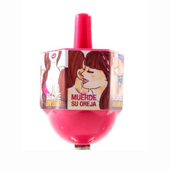 Colorful wooden pirinola game with the word Besos (Kisses) written on it, perfect for fun and interactive family game nights