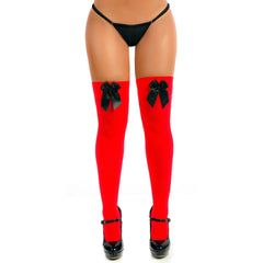 Sexy red garter stockings with bows, perfect for adding flair to any outfit