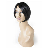 Close-up image of short black Nicol wig with natural-looking texture and comfortable fit, perfect for everyday wear or special occasions