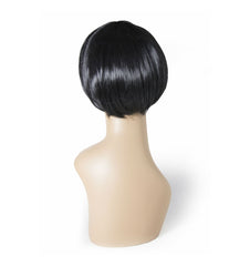 Side view of the stylish and versatile Nicol short black wig, made with high-quality synthetic fibers for a realistic and effortless look