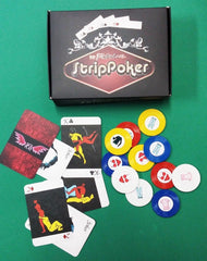 Close-up of the JUEGO DE MESA STRIPPOKER box set with cards, chips, and rule book