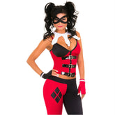 Harley Quinn costume with red and black jumpsuit and mallet