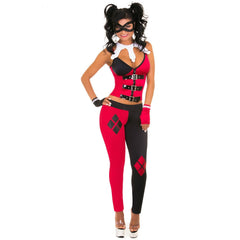 Close-up of Harley Quinn action figure with red and blue hair