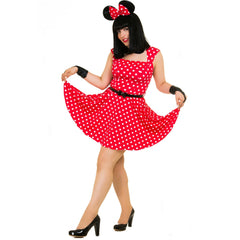 Vintage-inspired red polka dot dress with white collar and Minnie Mouse graphic