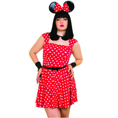 Side view of the red and white polka dot dress with a flared skirt