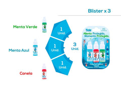 Three packs of ticks blister, each containing cinnamon-mint and blue-mint flavors