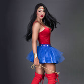 Wonder Woman costume with red, blue, and gold accents, symbolizing strength and power