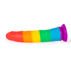 Realistic rainbow-colored dildo with slim design, 7 inches long, curved for precise stimulation