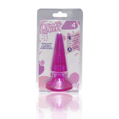 Hand holding pink queen plug anal sex toy with tapered tip and smooth surface, perfect for beginners
