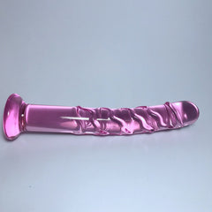 Long red crystal dildo with realistic texture and curved design for enhanced pleasure