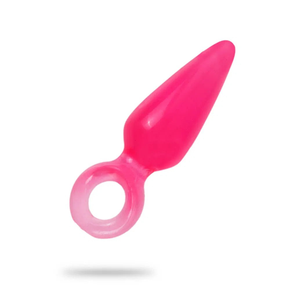 Long pink anal plug with a tapered design and flared base