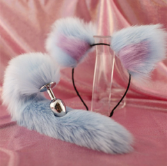 Stainless Steel Butt Plug with Long Furry Fox Tail and Headband